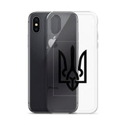 Clear iPhone case with Ukrainian Tryzub symbol, showcasing sleek design and protective features.