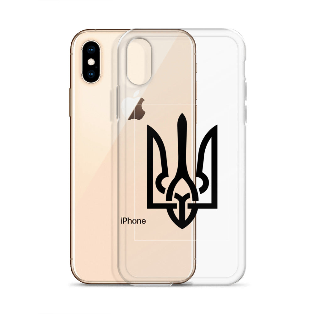 Clear iPhone case with Ukrainian Tryzub symbol, showcasing style and protection while allowing the phone's original color to shine.