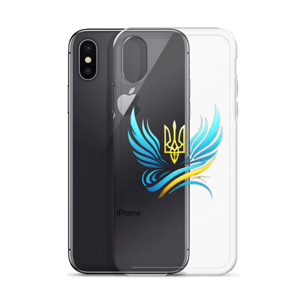 Clear iPhone case with Ukrainian Tryzub emblem showcasing vibrant design, protects against scratches and impacts. Flexible sides, precise cutouts.