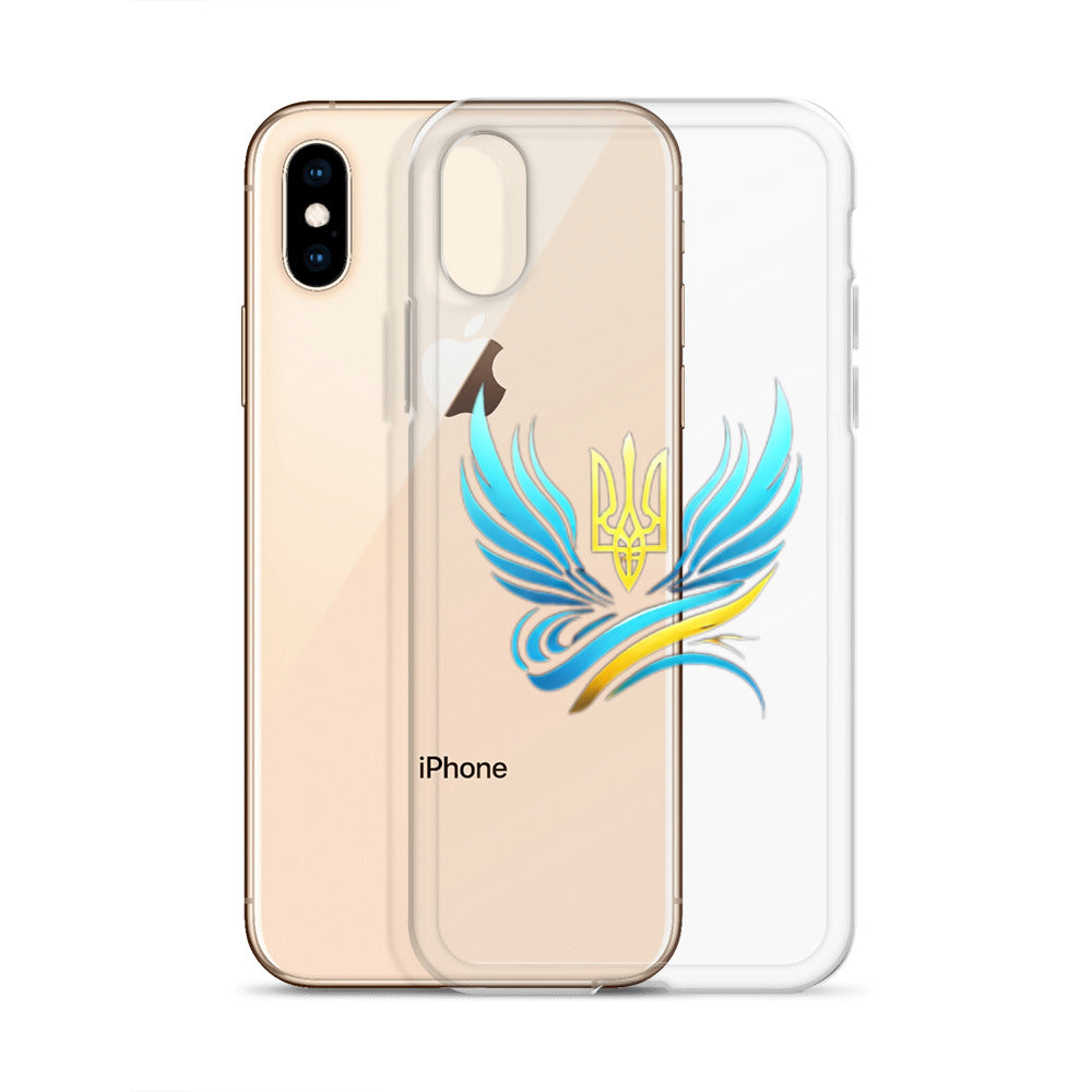 Clear iPhone case with Ukrainian Tryzub emblem showcasing vibrant design, protecting phone while highlighting national pride.