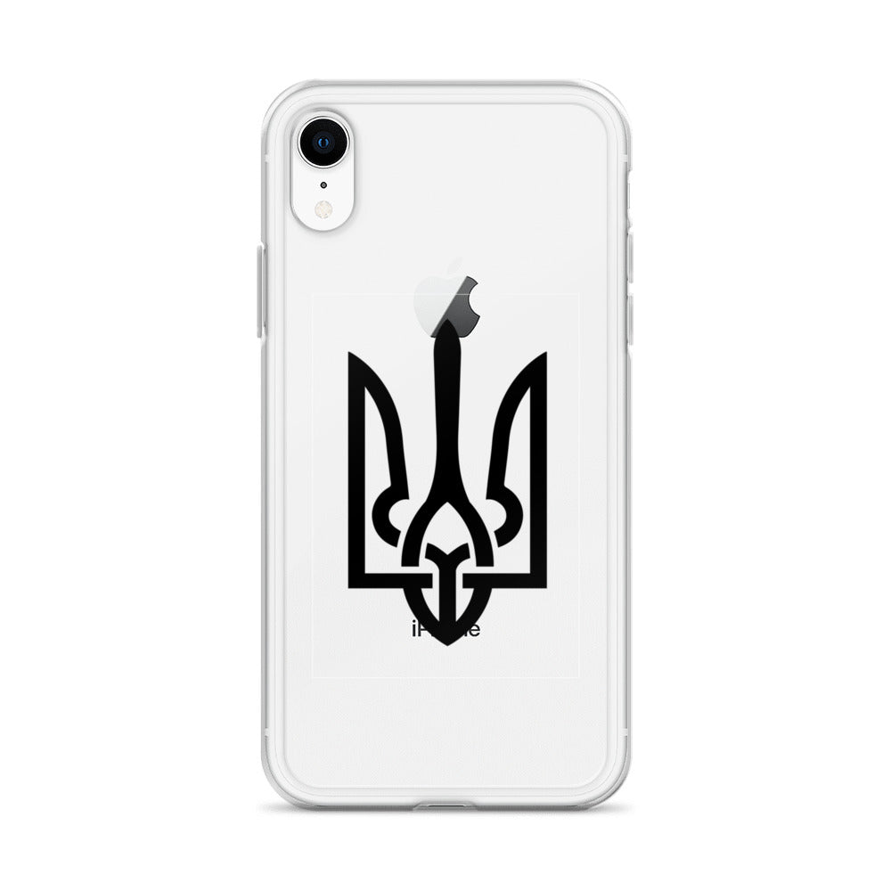 Clear iPhone case with Ukrainian Tryzub symbol, offering protection and style while showcasing Ukrainian pride.
