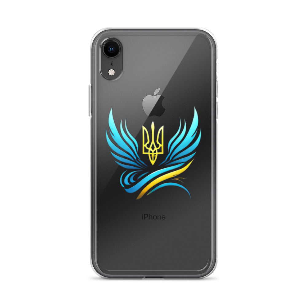 Clear iPhone case with Ukrainian Tryzub emblem, showcasing national pride while protecting against scratches and impacts.