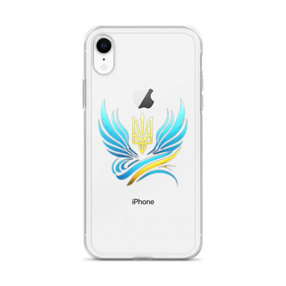 Clear iPhone case with Ukrainian Tryzub emblem showing blue and gold design, offering protection while showcasing national pride.