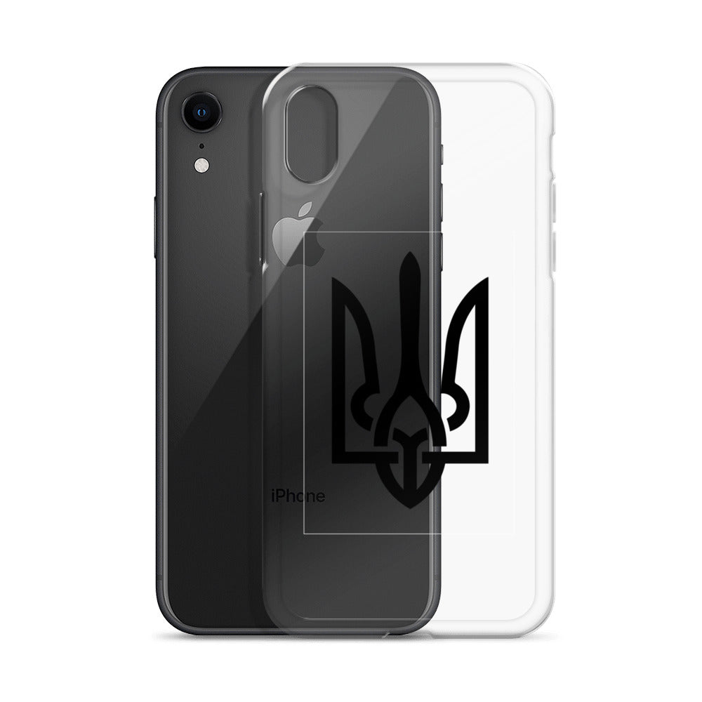 Clear iPhone case with Ukrainian Tryzub symbol showcasing protection and style.
