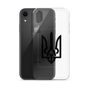 Clear iPhone case with Ukrainian Tryzub symbol showcasing protection and style.