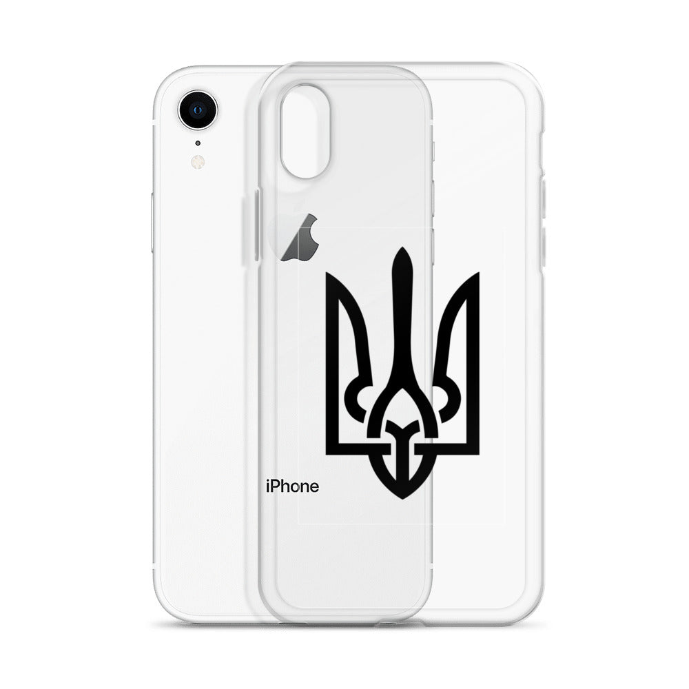 Clear iPhone® case with Ukrainian Tryzub symbol, showcasing style and protection, reveals phone's color while ensuring safety.