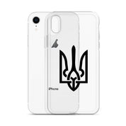 Clear iPhone® case with Ukrainian Tryzub symbol, showcasing style and protection, reveals phone's color while ensuring safety.