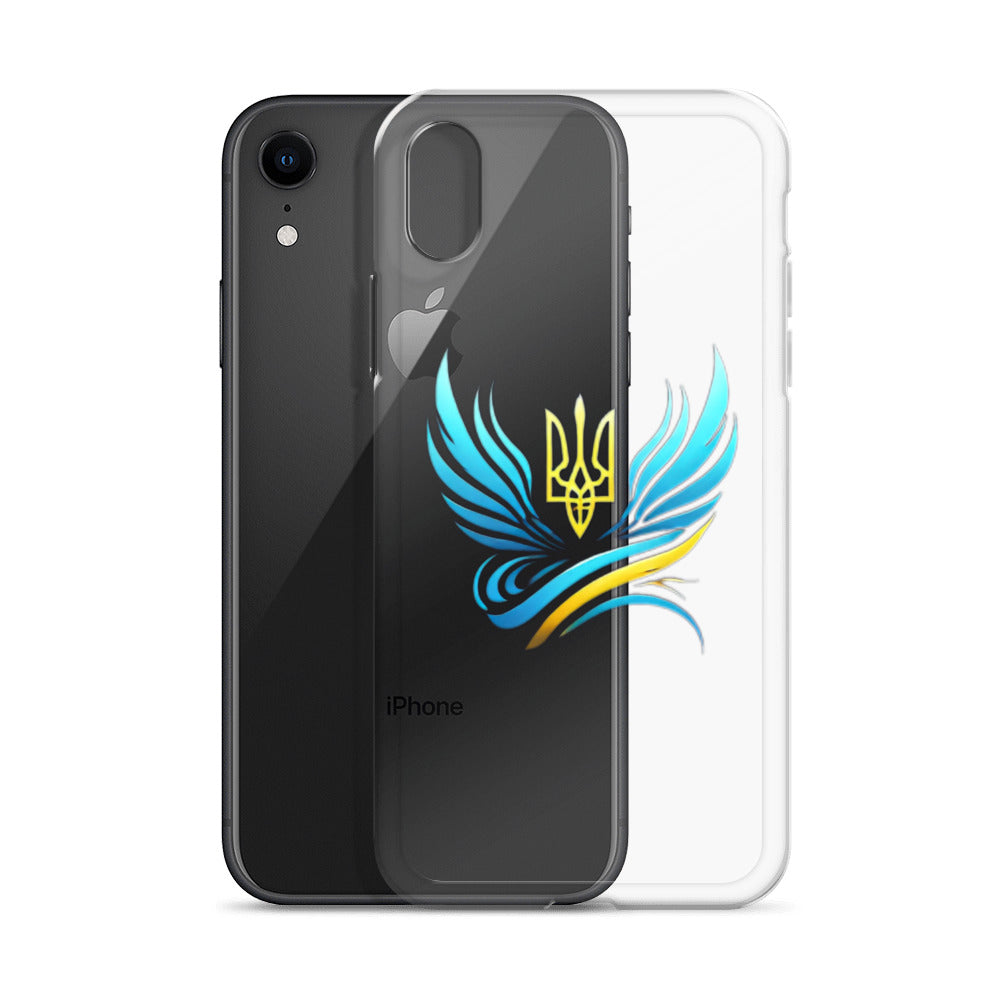 Clear iPhone case with Ukrainian Tryzub emblem, showcasing striking design and protection while keeping phone color visible.