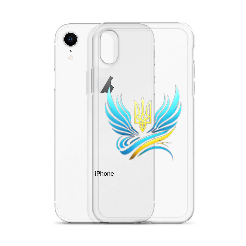 Clear iPhone case with Ukrainian Tryzub design, showcasing vibrant blue and yellow emblem. Protects iPhone while displaying national pride.