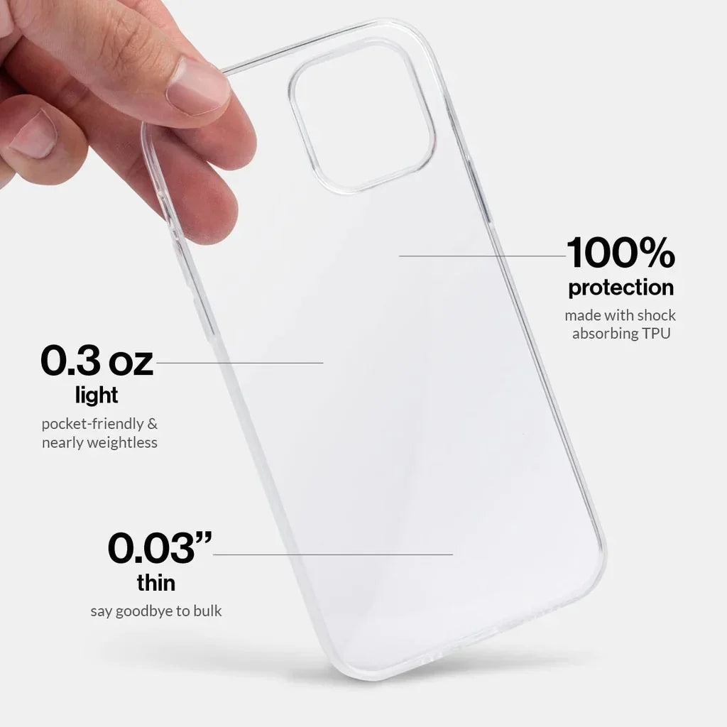 Clear TPU phone case with labels highlighting features: 100% protection, 0.3 oz light, and 0.03" thin for Samsung Galaxy.