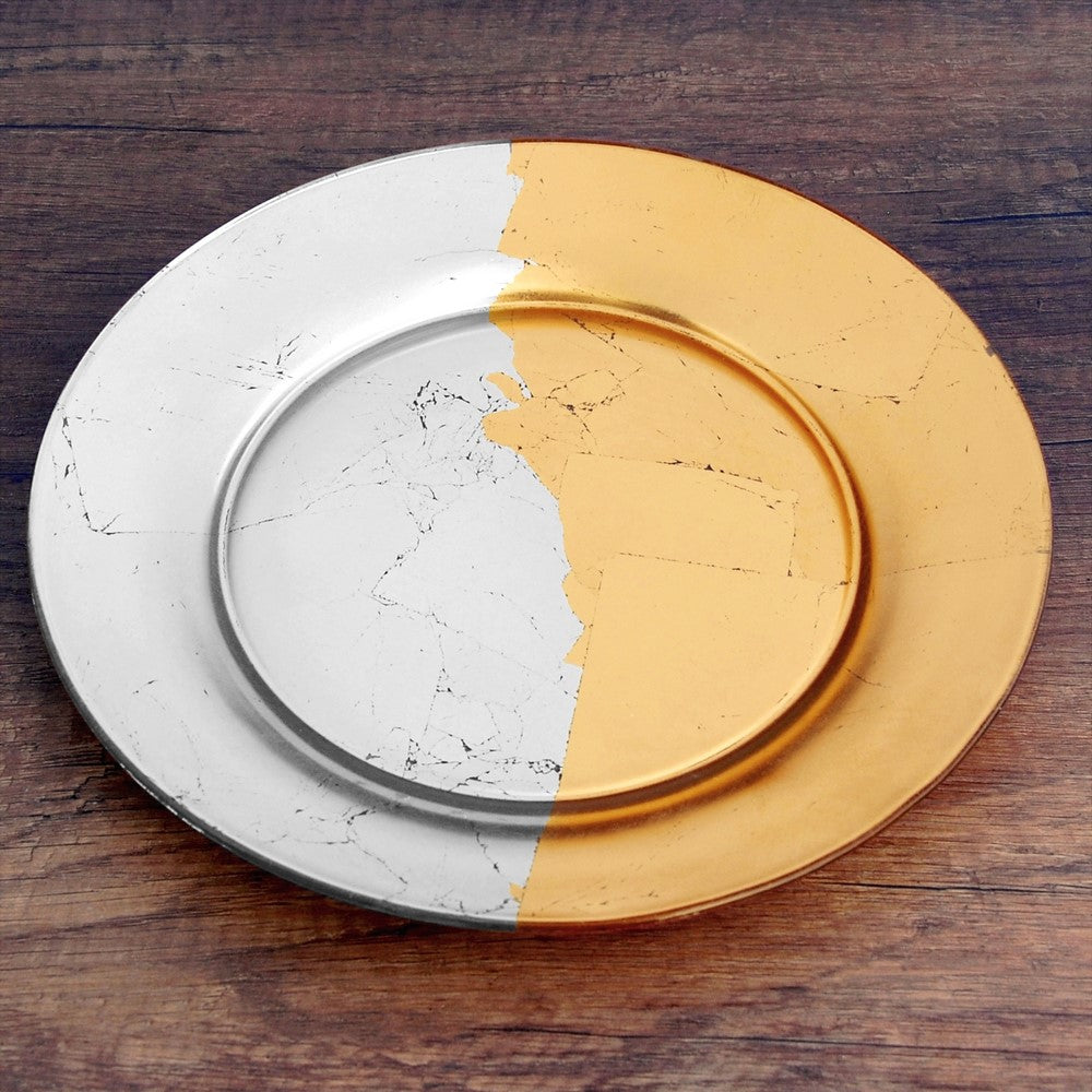 Gilt Contour Gold & Silver Plate with metallic gilding, featuring opalescent tones for elegant dining on wooden background.
