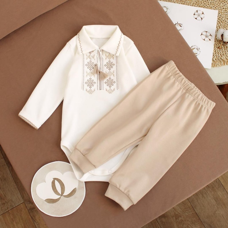 Cream baby boy onesie with Ukrainian embroidery, long sleeve Vyshyvanka style, ideal for special occasions, cotton bodysuit with pants.