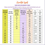 Shoe size conversion table for hand knitted socks and slippers, including European, USA, UK, and foot length measurements.