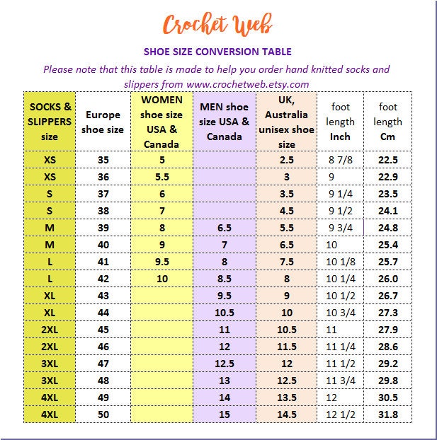 Shoe size conversion table for hand knitted socks and slippers, including European, USA, UK, and foot length measurements.