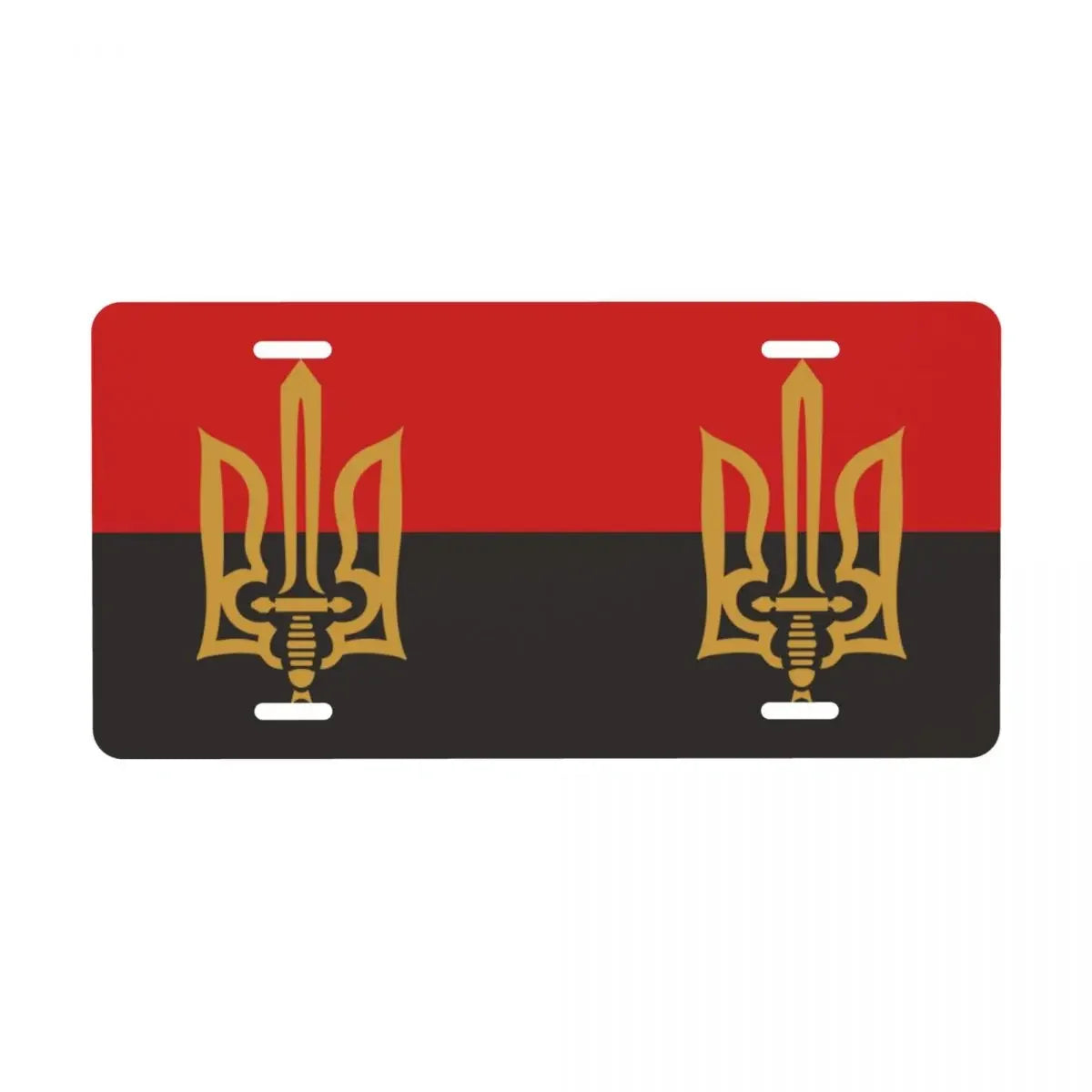 Ukrainian flag design license plate with trident emblem on red and black background.