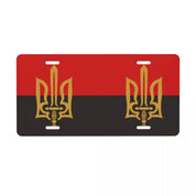 Ukrainian flag design license plate with trident emblem on red and black background.