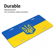 Custom Ukrainian flag license plate, durable aluminum, weatherproof, UV and corrosion resistant, patriotic car decor.