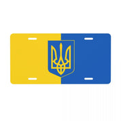 Custom Ukrainian license plate featuring flag colors and emblem, made of durable aluminum for universal car fit.