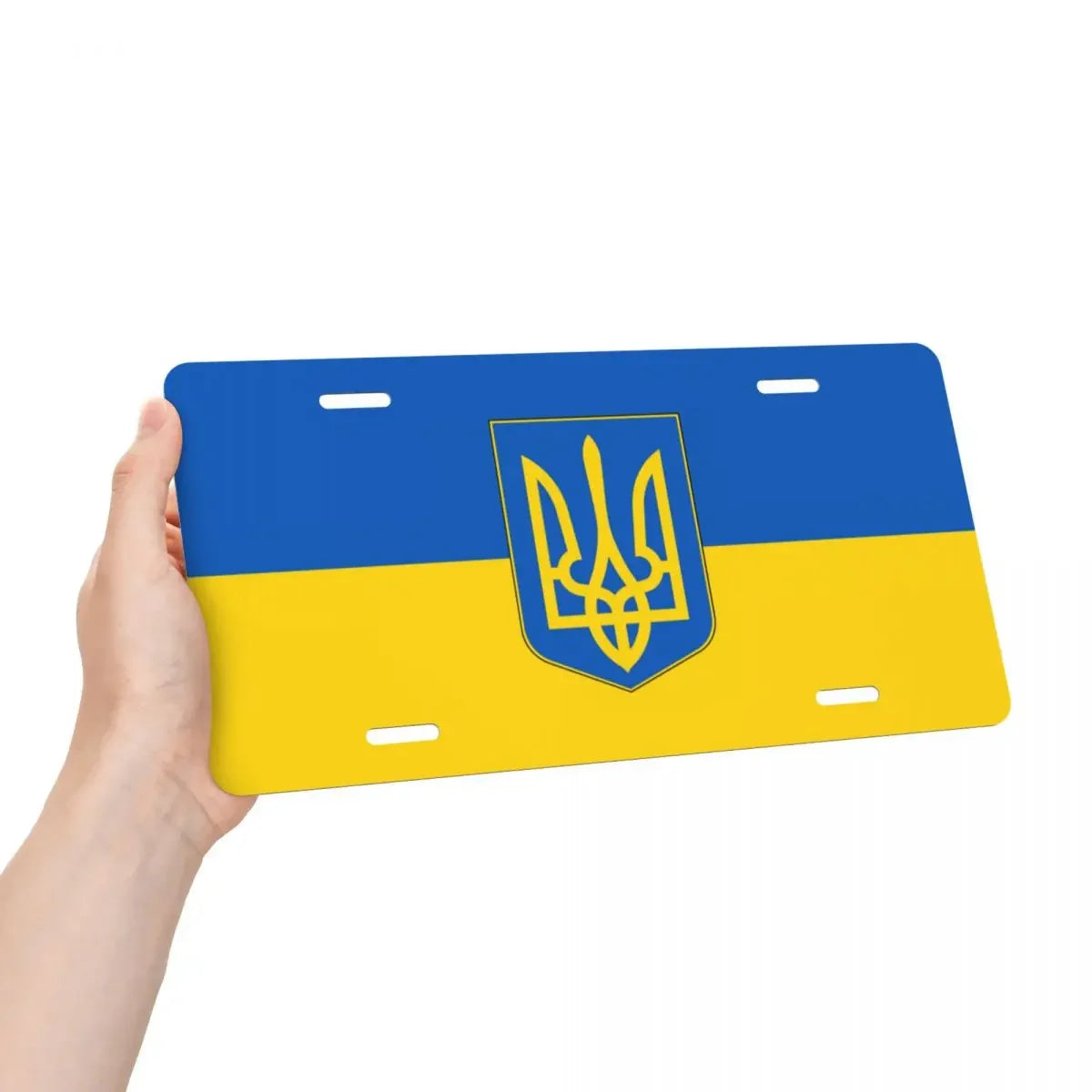 Custom Ukrainian license plate with flag design, durable aluminum, 6x12 inches, universal fit for cars, patriotic decor.