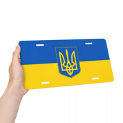 Custom Ukrainian license plate with flag design, durable aluminum, 6x12 inches, universal fit for cars, patriotic decor.