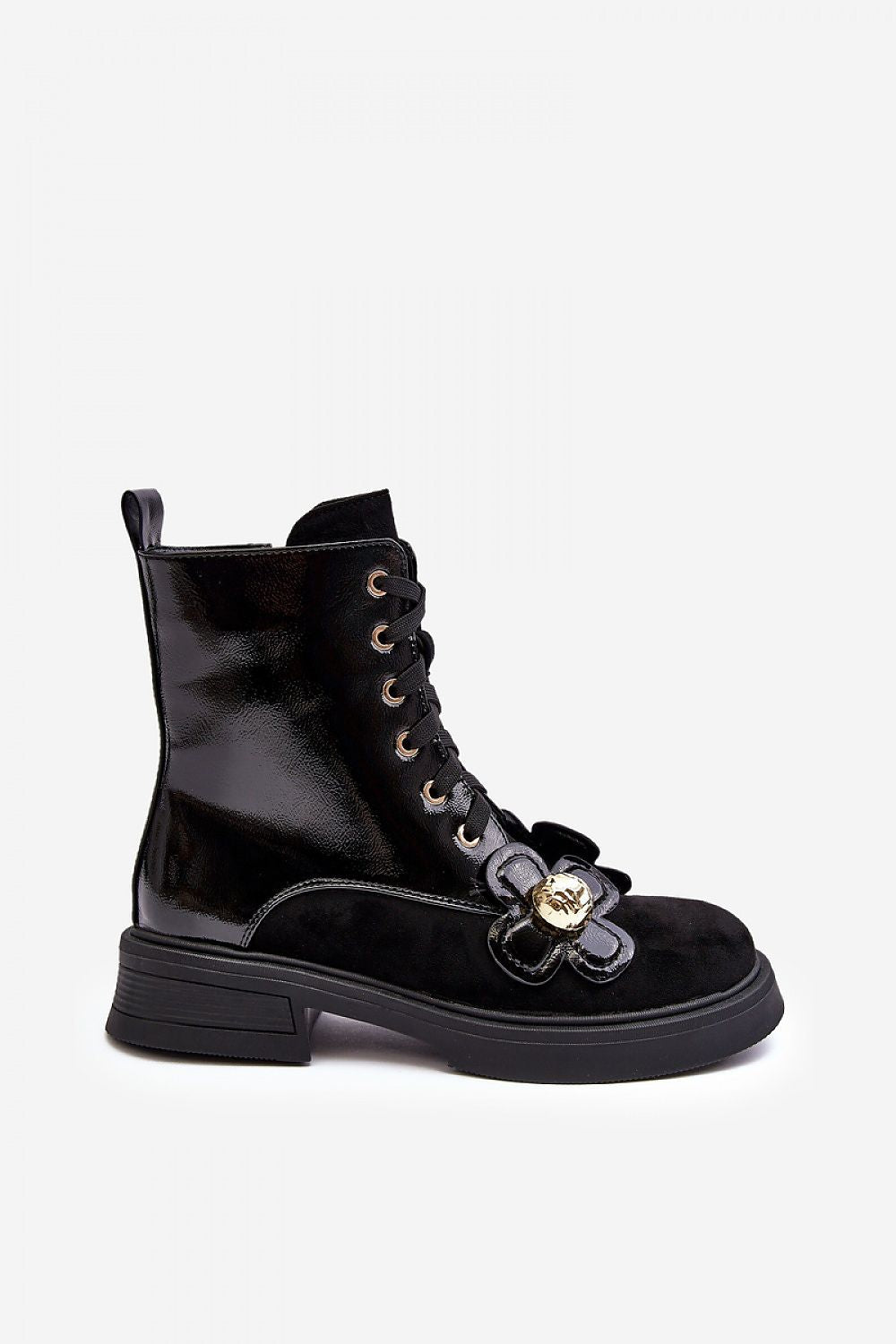 Florynne Floral-Laced Winter Boots with textured blossoms, eco leather, front lacing, and side zipper for comfort and warmth.