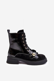 Florynne Floral-Laced Winter Boots with textured blossoms, eco leather, front lacing, and side zipper for comfort and warmth.