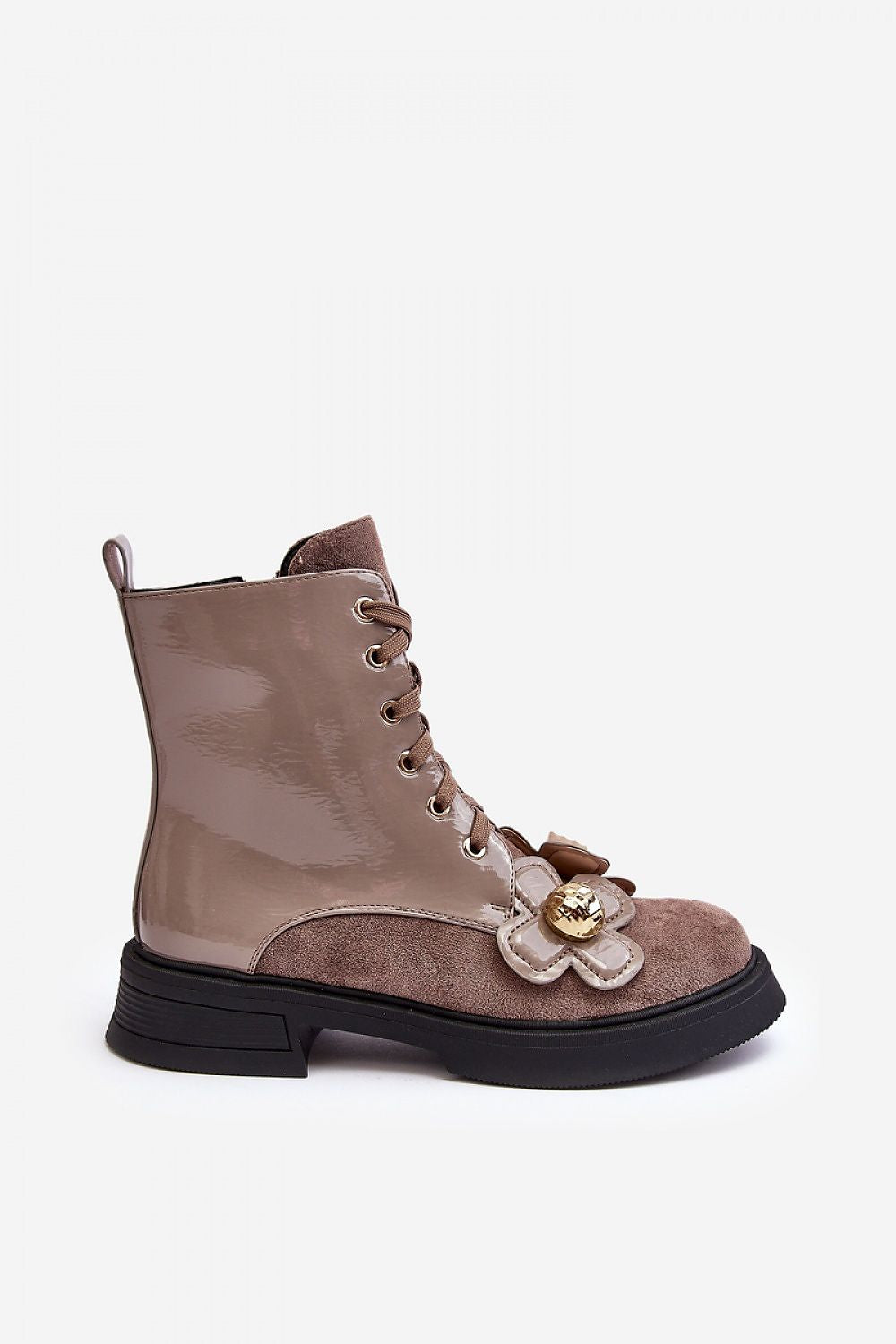 Florynne floral-laced winter boots with textured blossoms, eco leather, and side zipper on a platform heel for comfort and warmth.