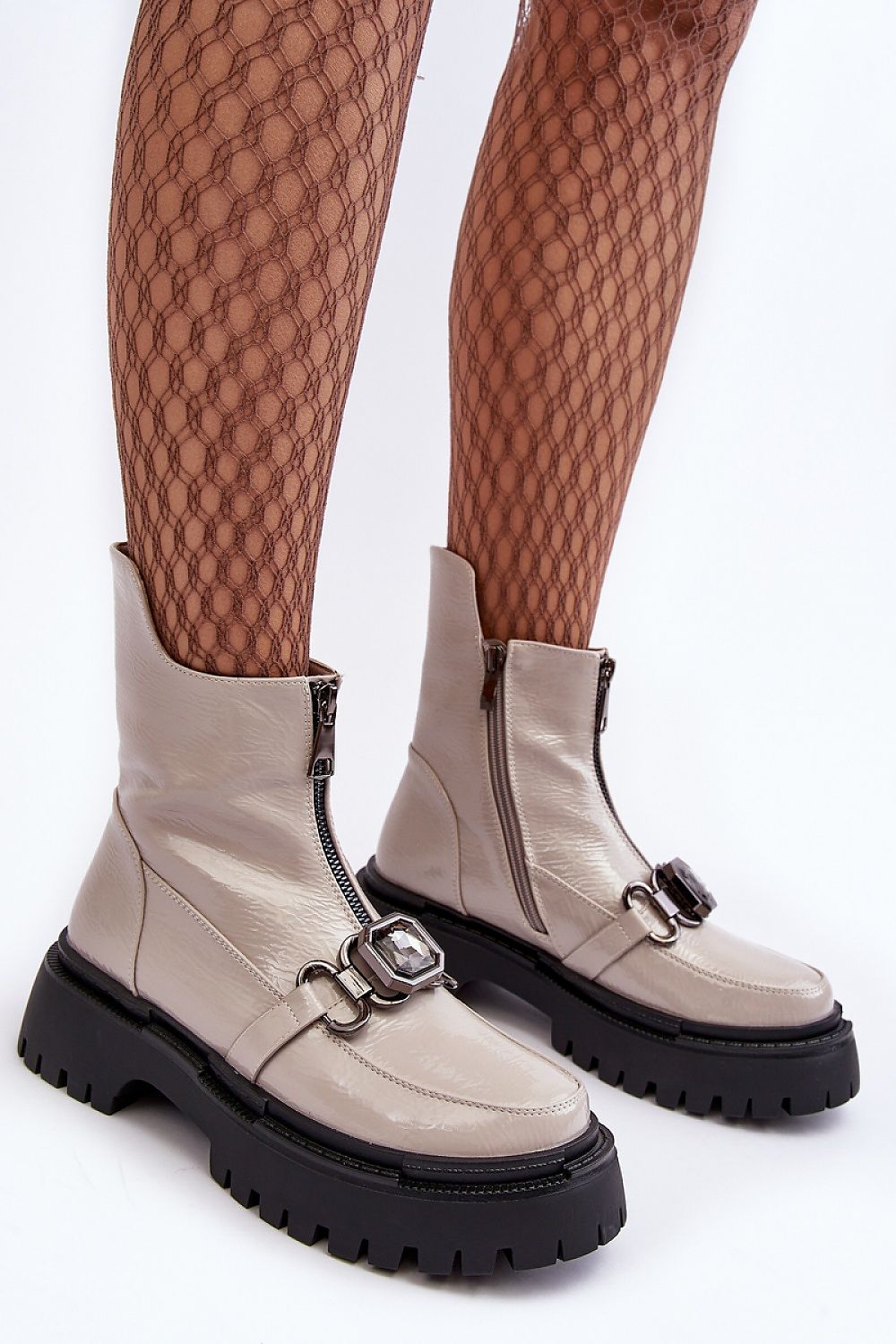 Olyava gem-accented ankle boots with side zipper in soft eco leather, providing a stylish and warm option for cold weather.