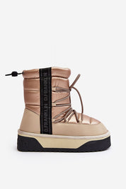Gold vegan boot with fur lining, thick non-slip sole, and lace-up front, ideal for winter wear.