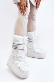 Astrella High Platform Snow Boots with eco leather detailing and cozy fleece lining, showcasing bold lettering and durable design.