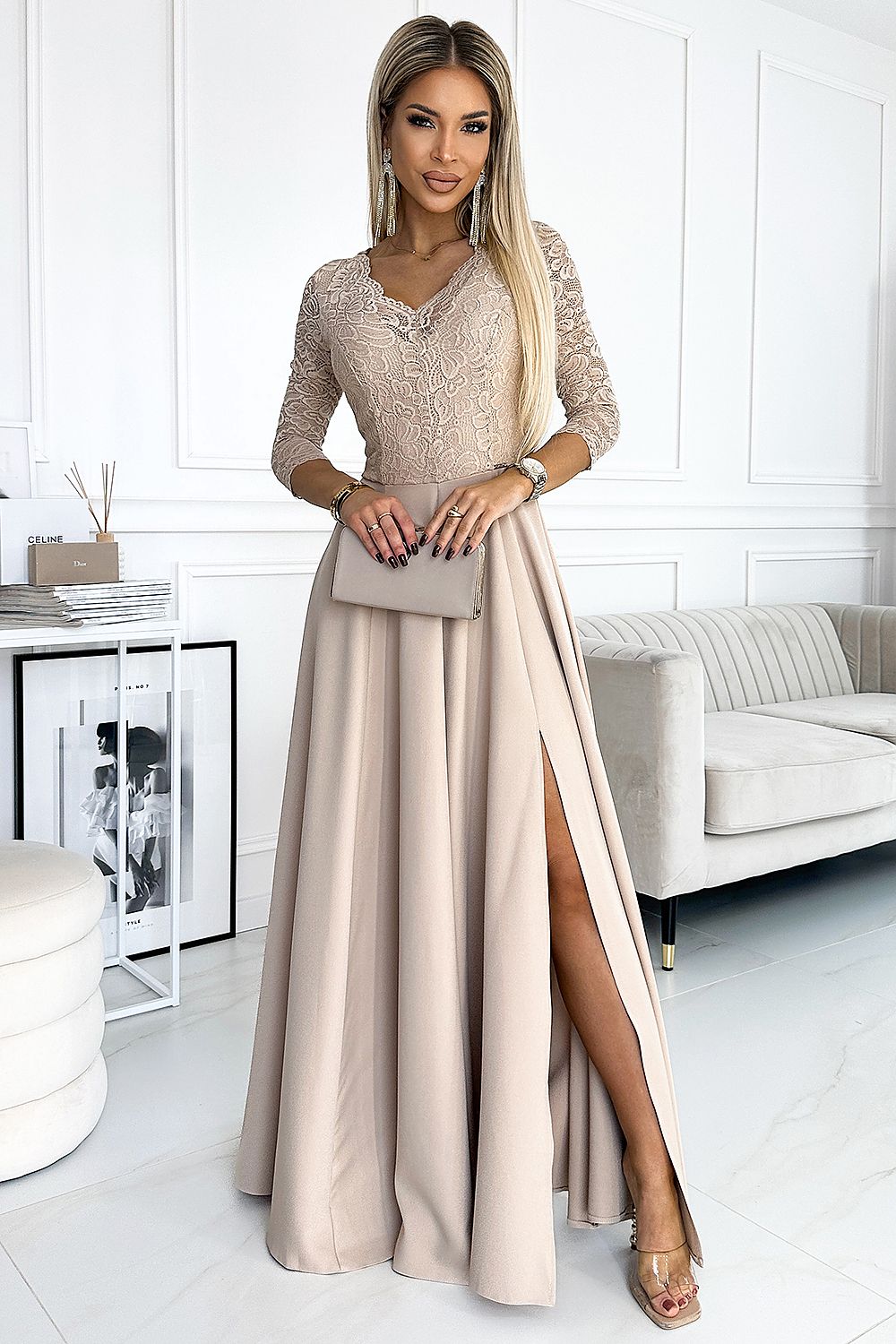 Alviera Beige Lace Maxi Gown with Shaped Neckline and Thigh-High Slit, Ideal for Formal Events like Weddings and Proms