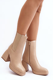 Vallorea Square-Toe Platform Boots in beige eco leather with block heel, side zipper, and insulated interior for autumn-winter style.