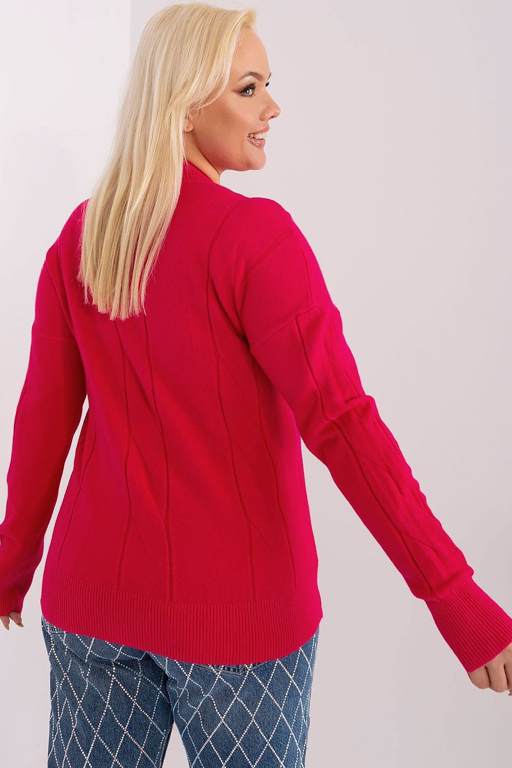 Plus Size Mirella Textured Knit Sweater in bright pink, featuring long sleeves and a comfortable fit, perfect for cozy elegance.