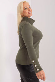 Plus Size Mirelda Knit Turtleneck Sweater with button detail, featuring a fitted silhouette and elegant high neckline, side view.