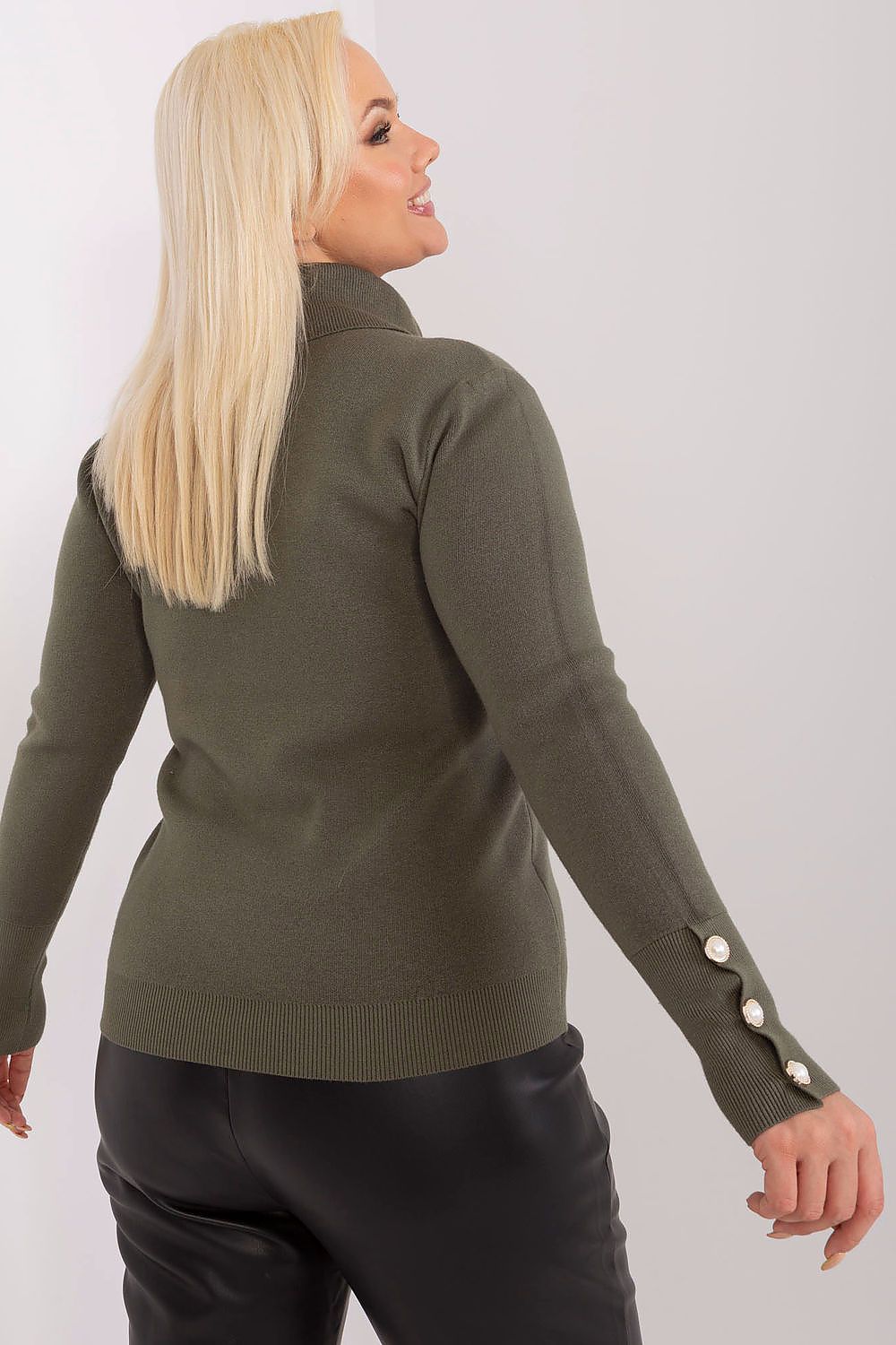 Plus size Mirelda knit turtleneck sweater in olive green, featuring decorative buttons on the sleeves, shown from the back.