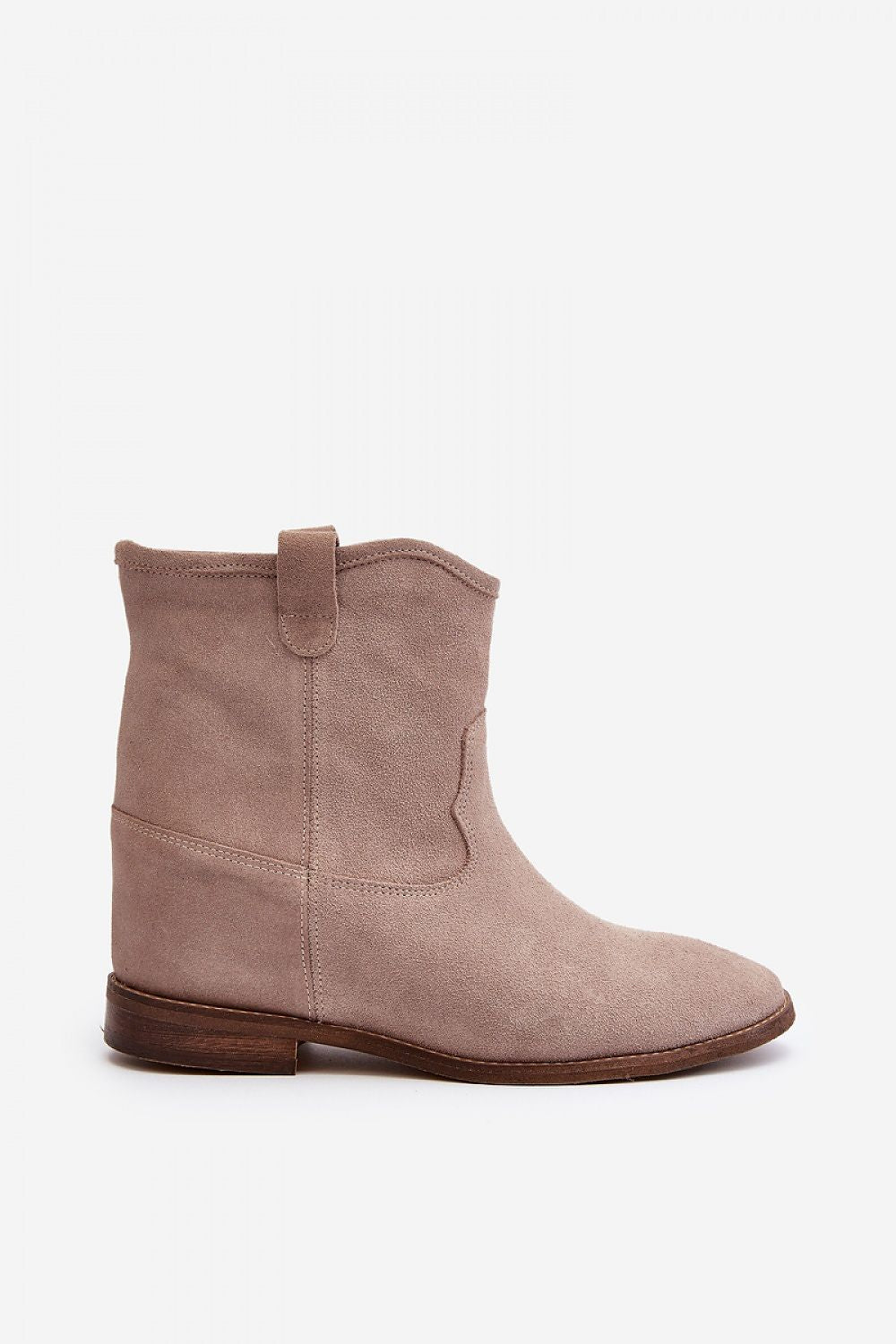 Meredia suede slip-on flat ankle boots with concealed wedge, rounded toe, and smooth suede texture for casual or chic outfits.
