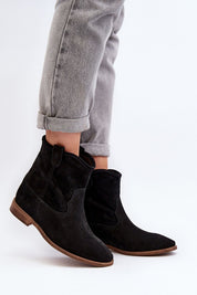 Meredia Suede Slip-On Flat Boots in black, featuring concealed wedge, classic style, and smooth suede texture. Perfect for casual outfits.