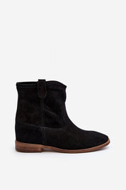 Meredia Suede Slip-On Flat Boots with concealed wedge, side view of ankle boots showcasing smooth suede and flat heel design.