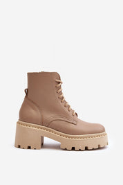 Ravnezza Chunky Leather Lace-Up Ankle Boots with Block Heel and Thick Sole, Featuring Zip Closure and Round Toes