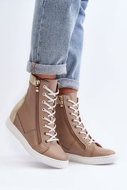 Revina Hidden Wedge Leather Sneakers with zippers and laces for a secure fit, featuring a stylish ankle-high design and modern silhouette.