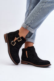Velonna suede buckled spring boots with decorative ankle straps, perfect for denim pairing, featuring a rounded toe and flat heel.
