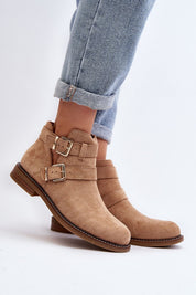 Velonna Suede Buckled Spring Boots with ankle straps and flat heel, perfect for pairing with denim. Made from eco-suede for comfort.