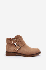 Velonna suede buckled spring boots with eco-friendly design, decorative ankle straps, buckle detail, flat heel, and reinforced heel counter.