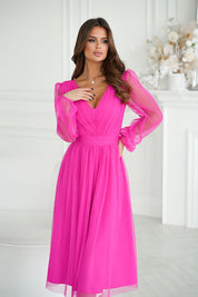 Woman wearing Marleia Mesh-Layered Evening Midi Dress in vibrant pink with sheer mesh sleeves and brocade mesh skirt.