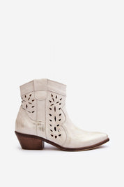 Riverta Leather Western Ankle Boots in natural leather with a pointed toe and 5 cm heel, featuring stylish cut-out design.