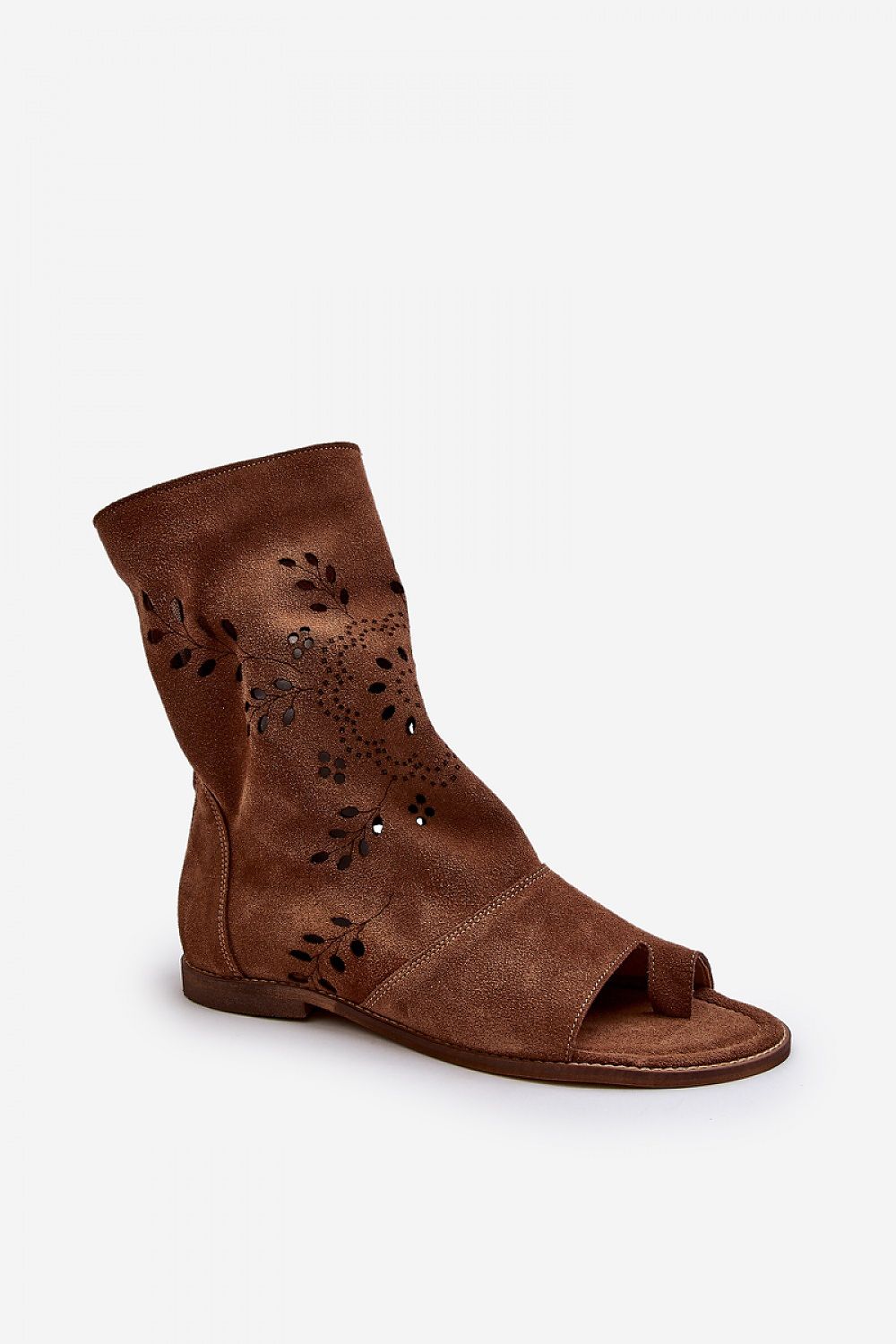 Avelynna suede openwork zip sandals with high-cut intricate design, flat heel, and soft leather insole for comfort and elegance.
