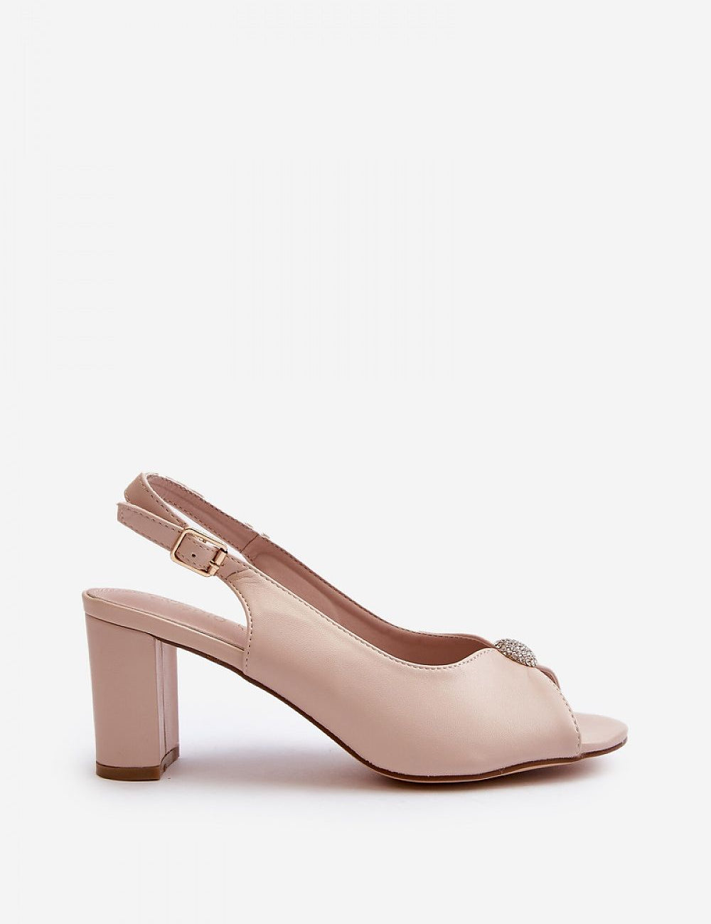 Nivaria ornamented heel strap sandals with eco leather, shimmer detail, and adjustable buckle on a structured heel.