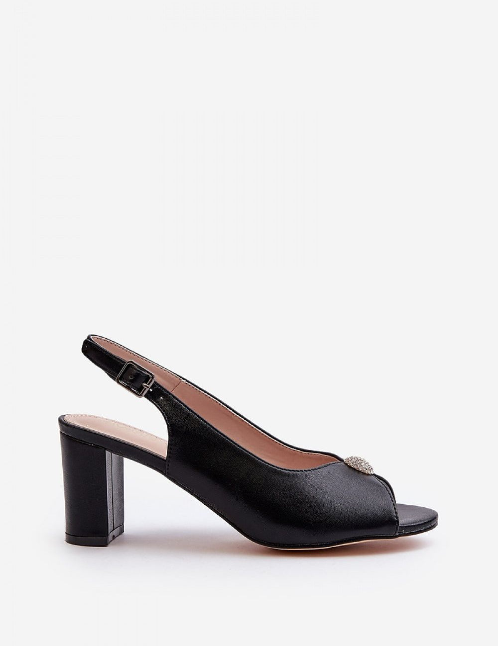 Black Nivaria Ornamented Heel Strap Sandals with eco-leather and decorative accent, featuring adjustable buckle and structured heel.