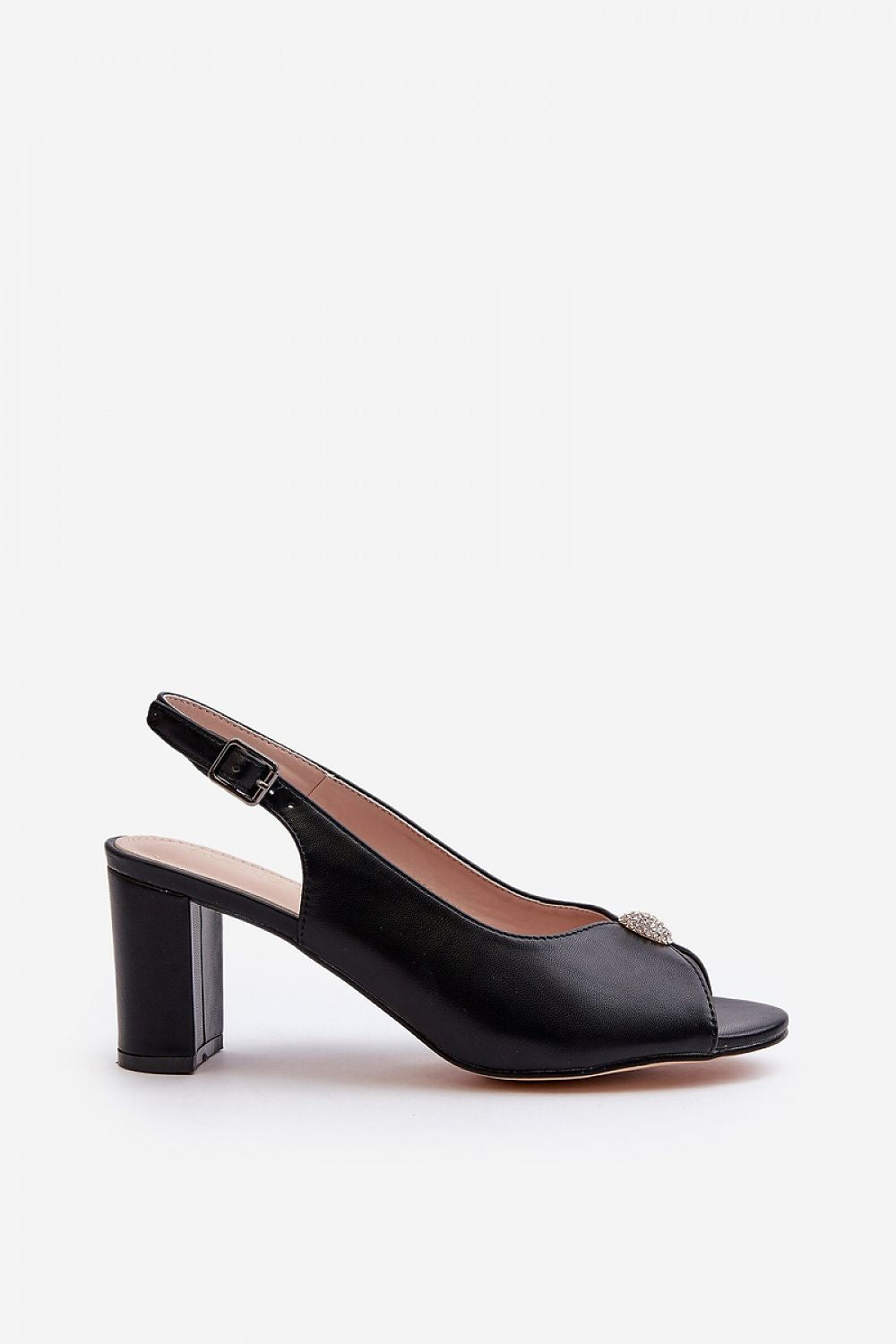 Black Nivaria Ornamented Heel Strap Sandals with eco-leather and decorative accent, featuring adjustable buckle and structured heel.