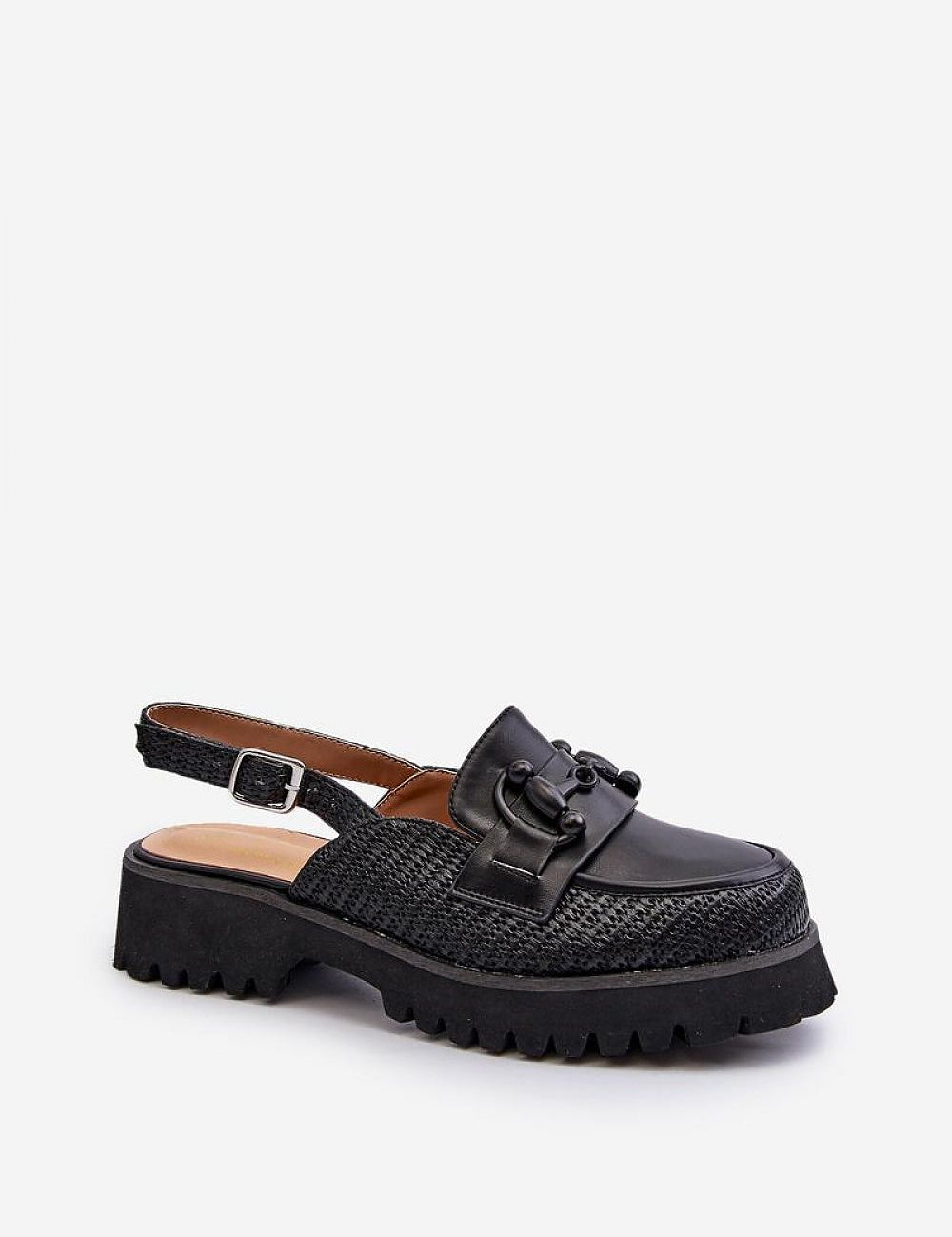 Larivena Buckled Low Platform Sandals in black eco leather with adjustable strap and contoured insole for comfort and versatility.